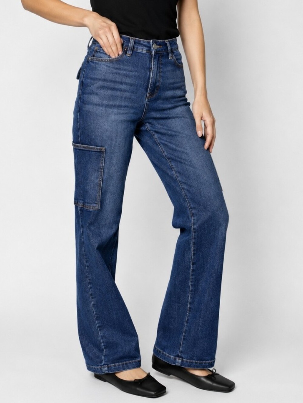 Judy Blue Cargo Wide Leg Jeans High Rise Blue Dark Wash Denim Stretch Size 28